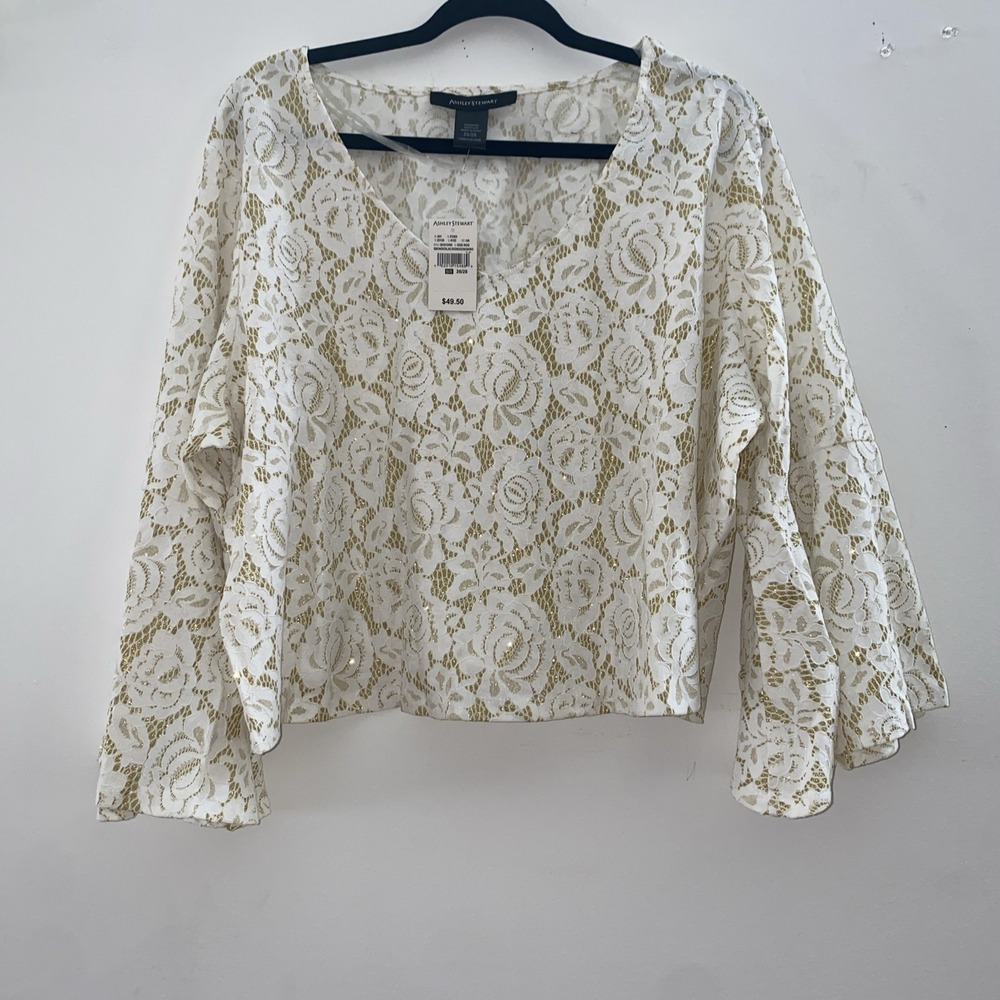 Ashley Stewart Off Shoulder Top NWT size 26/28 Black Bell Sleeves Cropped Lace‎